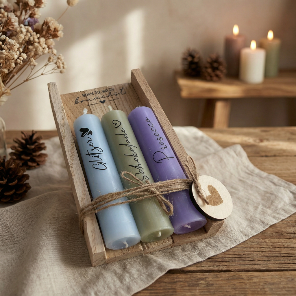 Kerzen-Set „Nimm dir, was du brauchst“ – Glücksbringer, Schokolade & Prosecco