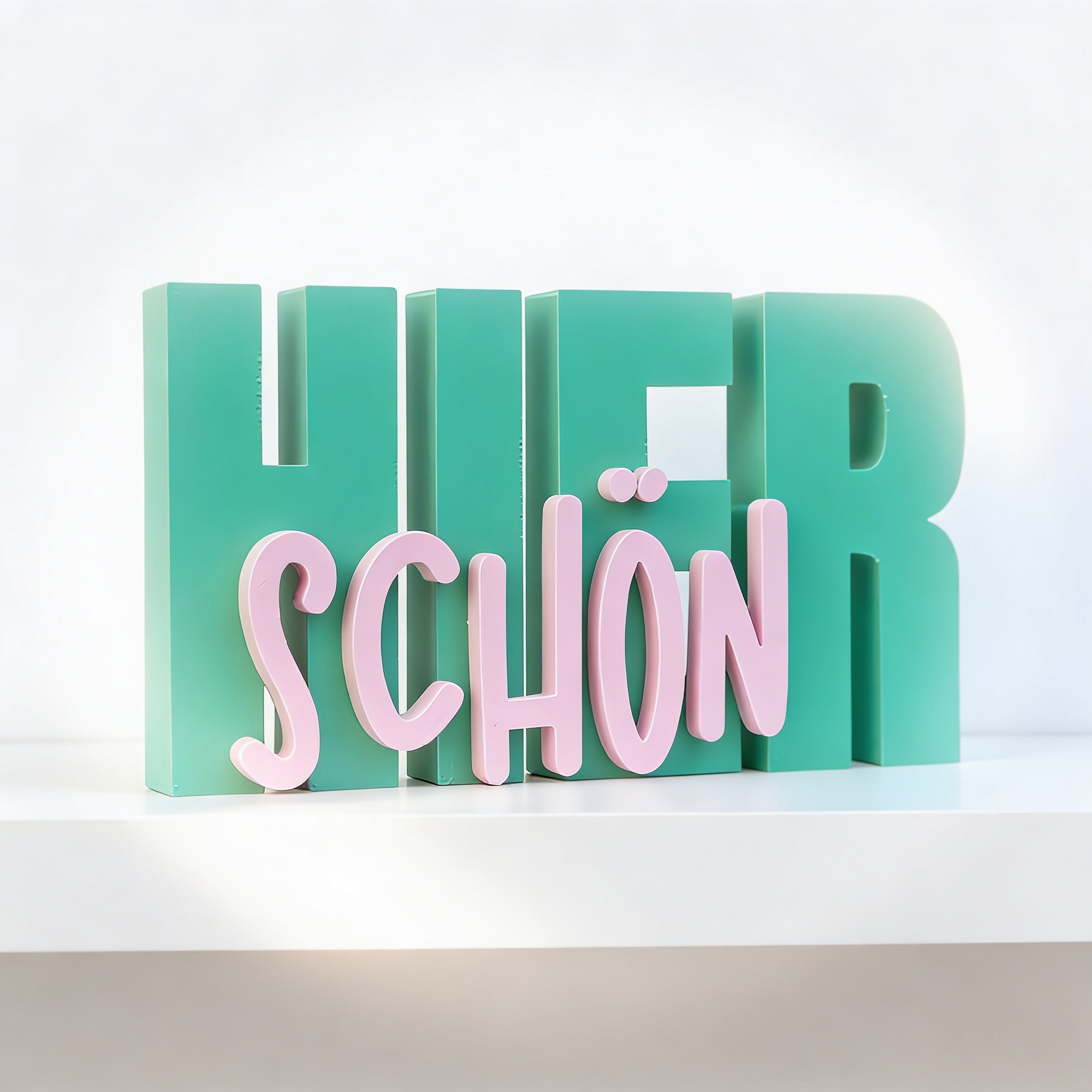 „Hier schön“ – Moderner Aufsteller aus PLA+ für Regal, Wand & Zuhause