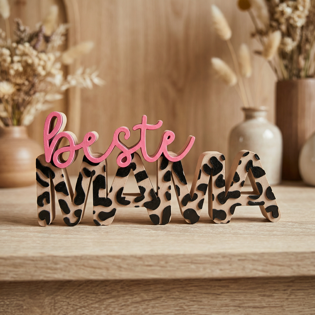 Dekoschriftzug „beste Mama“ im Leo-Design mit 3D-Effekt