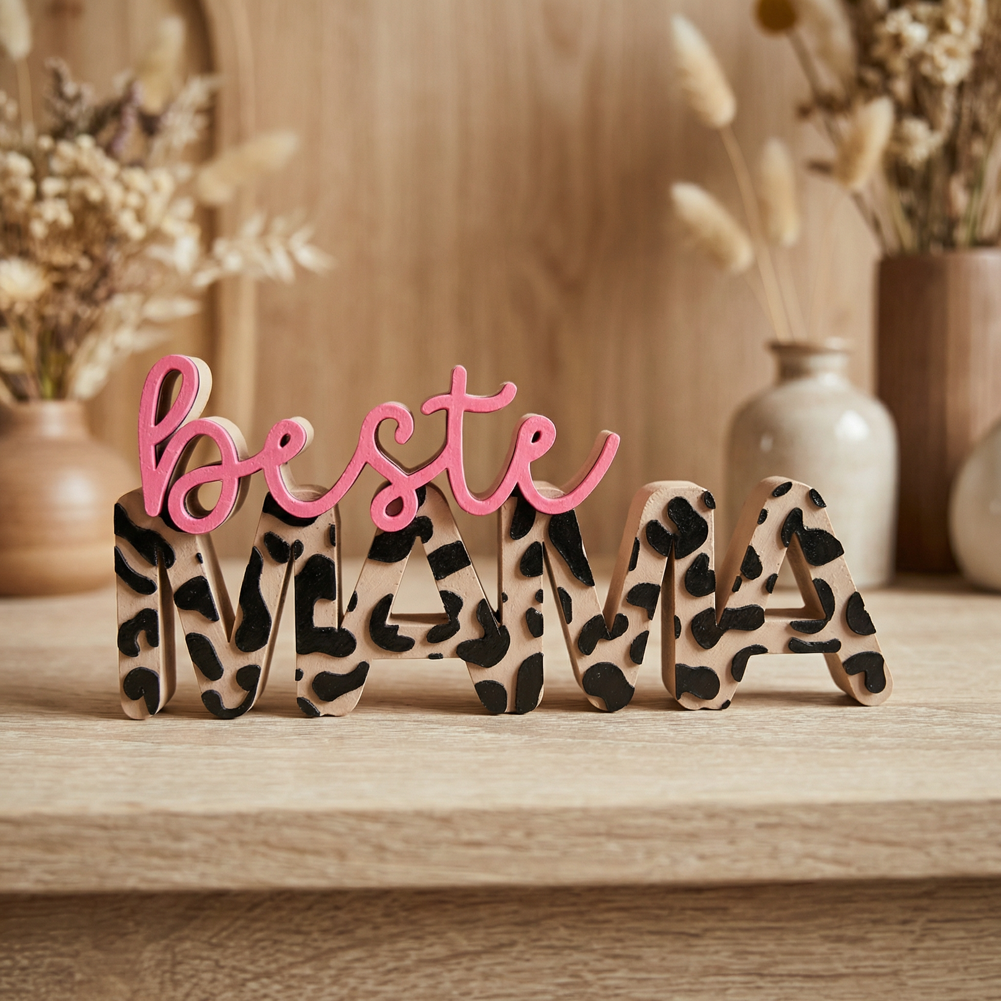 Dekoschriftzug „beste Mama“ im Leo-Design mit 3D-Effekt