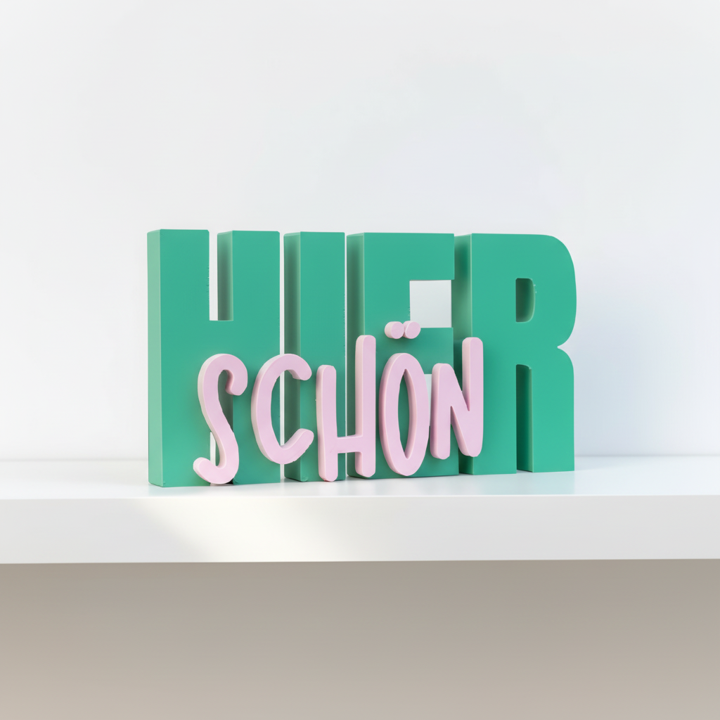 „Hier schön“ – Moderner Aufsteller aus PLA+ für Regal, Wand & Zuhause