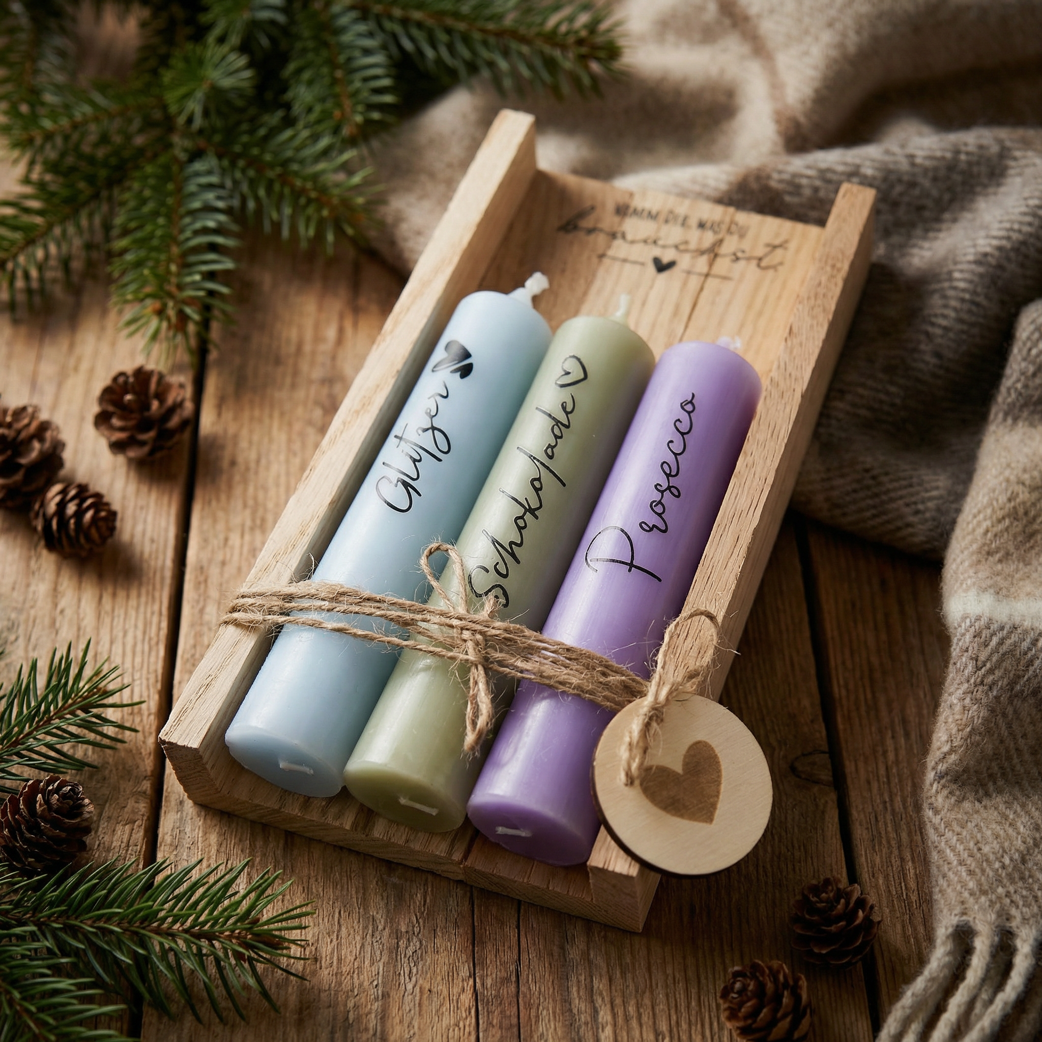 Kerzen-Set „Nimm dir, was du brauchst“ – Glücksbringer, Schokolade & Prosecco