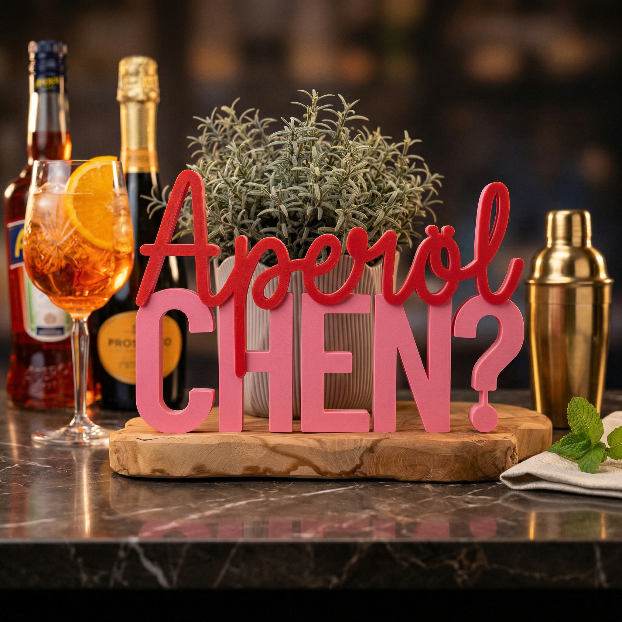 Schriftzug „Aperolchen?“ – Lustige Deko für Bar & Küche