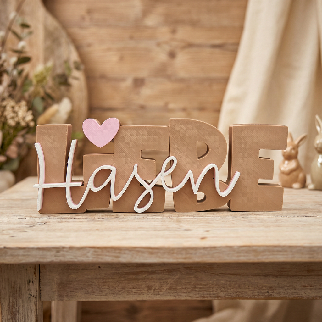Deko-Schriftzug „Hasen Liebe“ – moderner 3D Aufsteller mit Herz