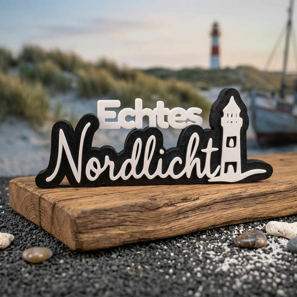 Echtes Nordlicht – Maritimer Dekoschriftzug mit Leuchtturm
