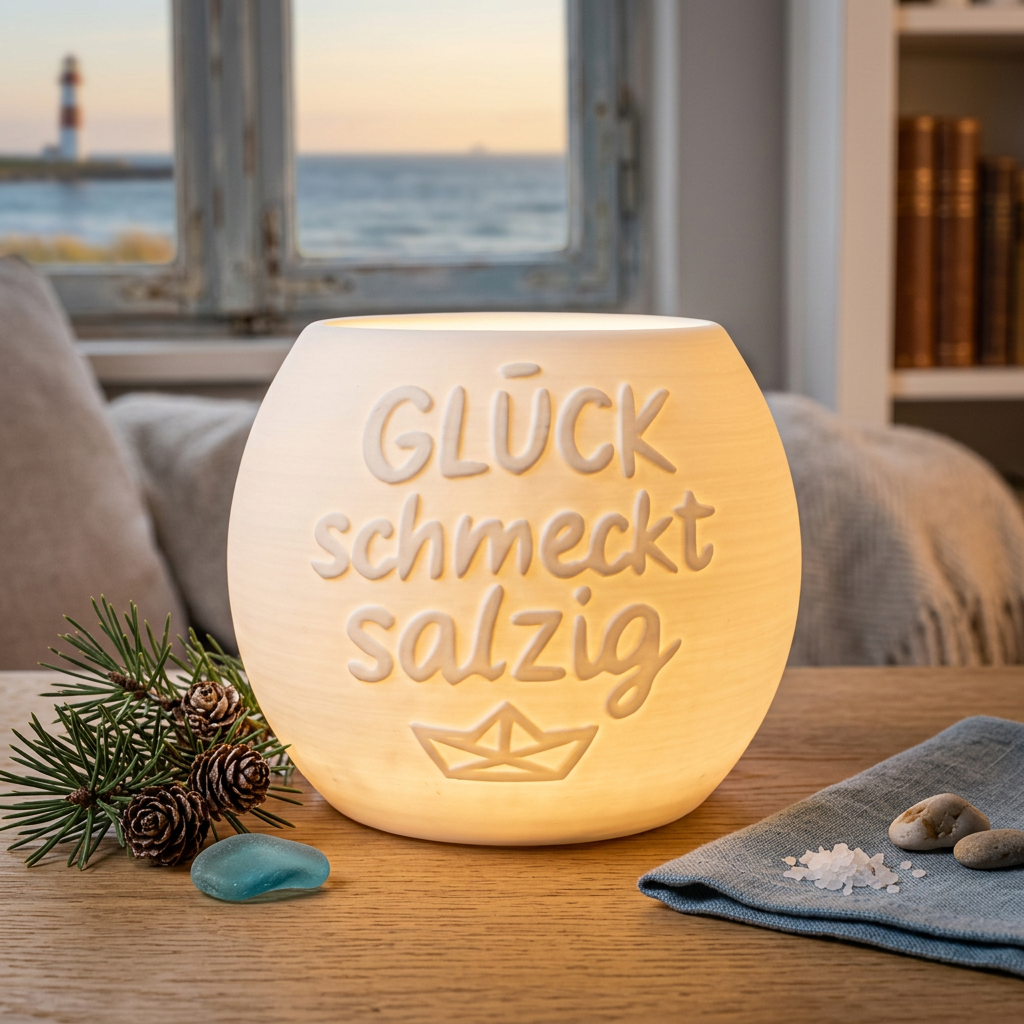 Windlicht „Glück schmeckt salzig“ – Maritimes Gefühl für dein Zuhause
