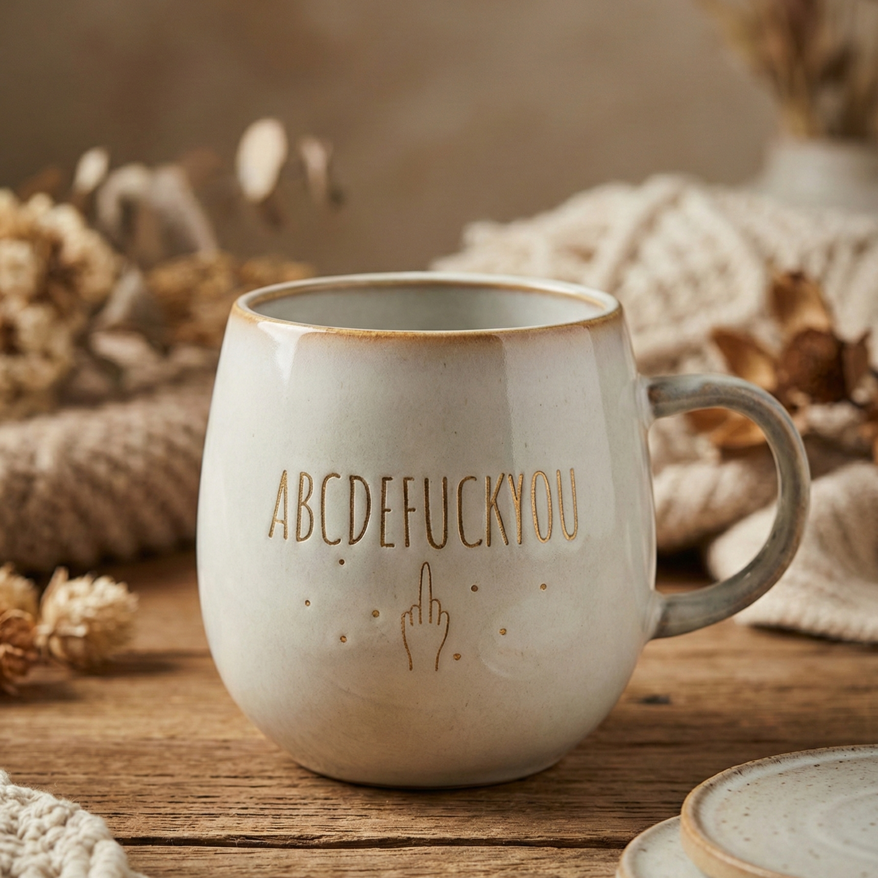 Statement-Tasse „ABCDEFUCKYOU“ – freche Keramiktasse mit Mittelfinger für alle, die Klartext lieben
