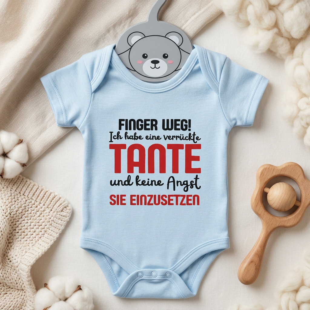 Baby Body „Finger weg! Ich habe eine verrückte Tante“ – Hellblau | Größe 74 - Einzelstück
