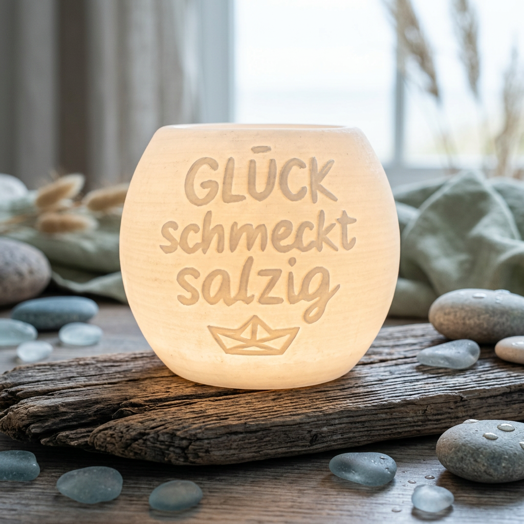 Windlicht „Glück schmeckt salzig“ – Maritimes Gefühl für dein Zuhause