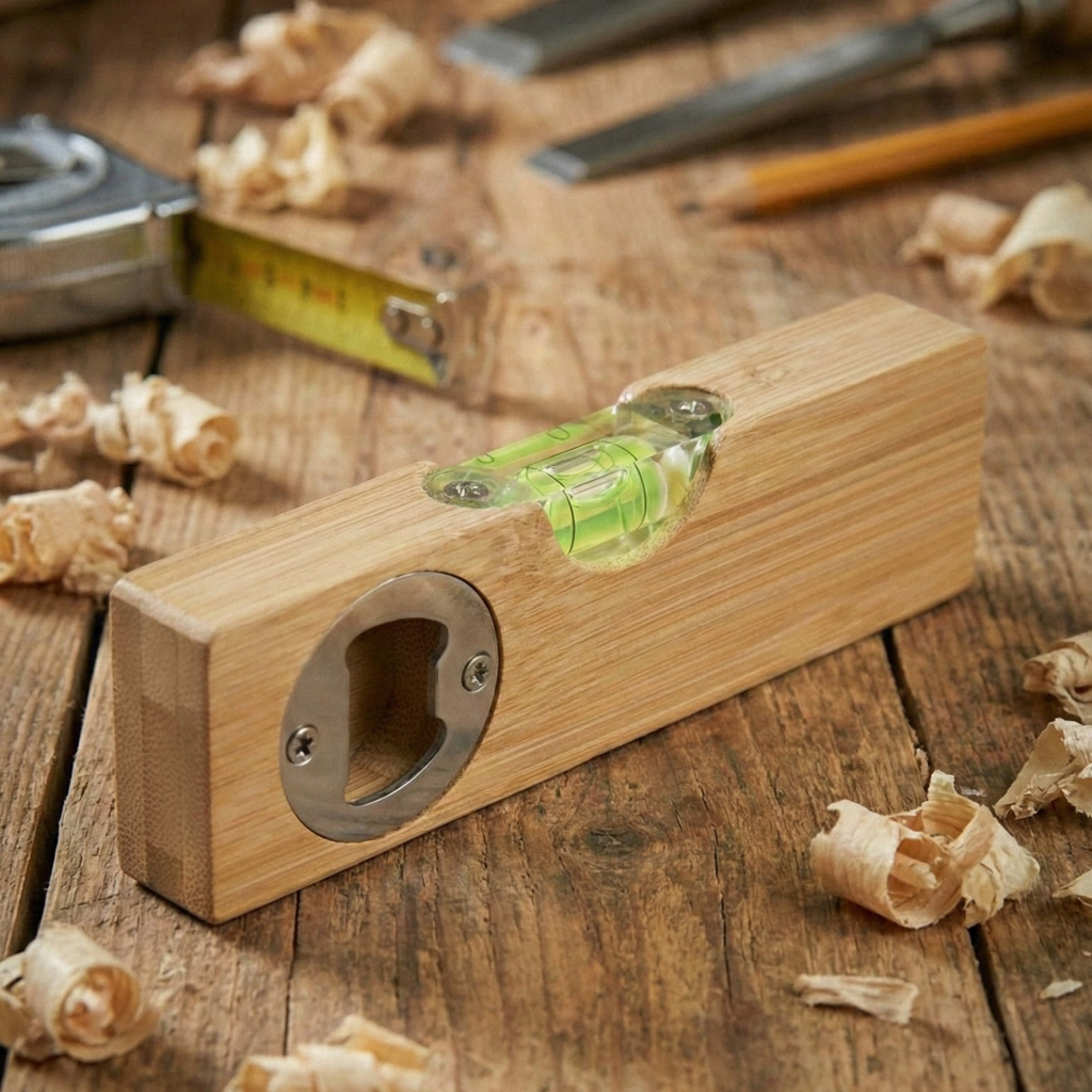 Personalisierte Wasserwaage aus Holz mit Gravur & Flaschenöffner