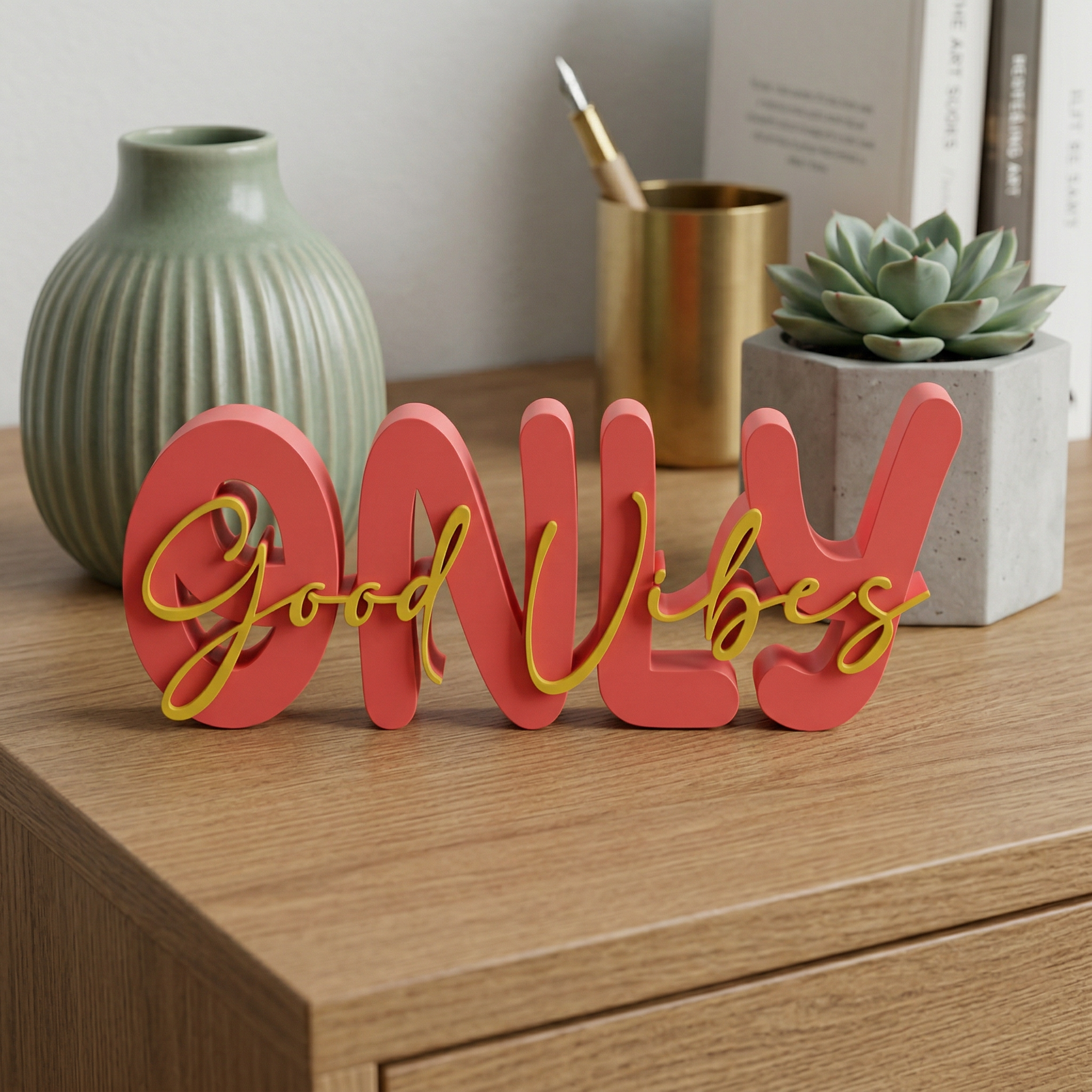 Good Vibes Only Schriftzug – Moderner Dekoaufsteller mit zweifarbigem Design