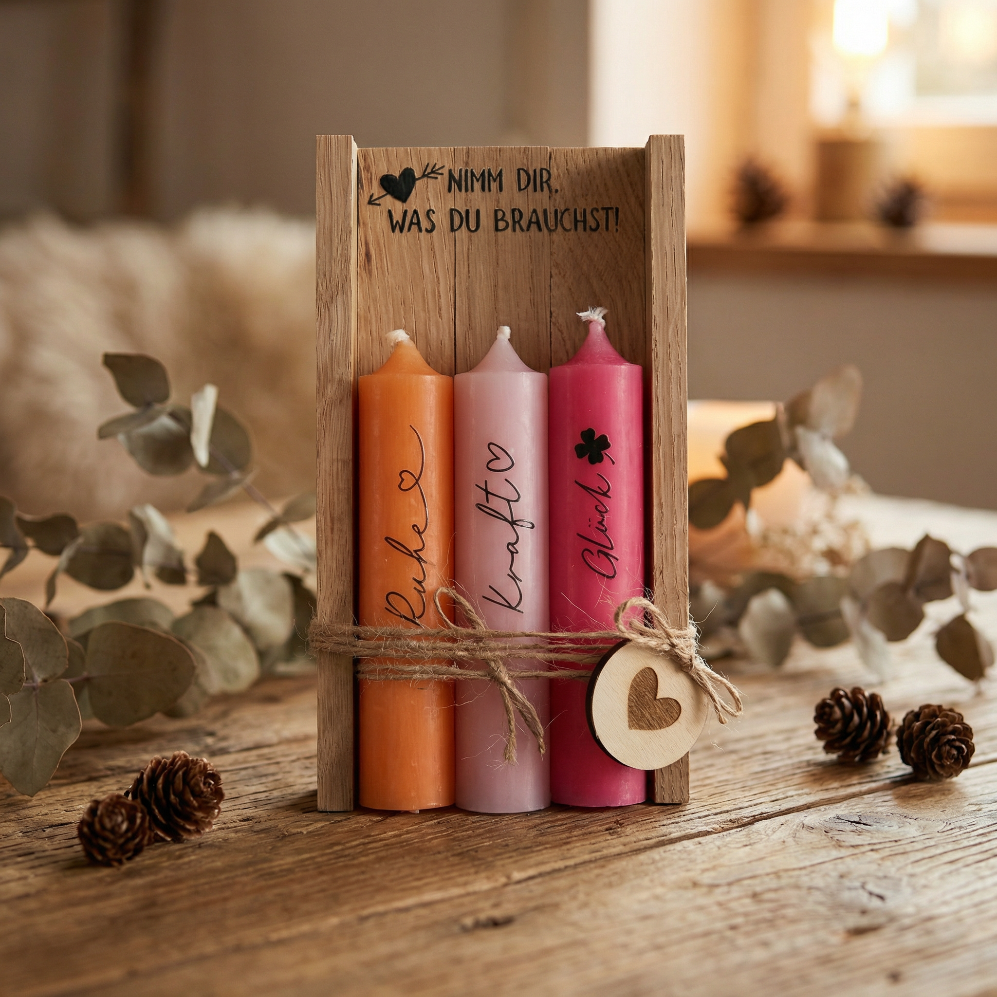 Kerzen-Set „Nimm dir, was du brauchst“ – Dekorahmen mit drei Wunschkerzen
