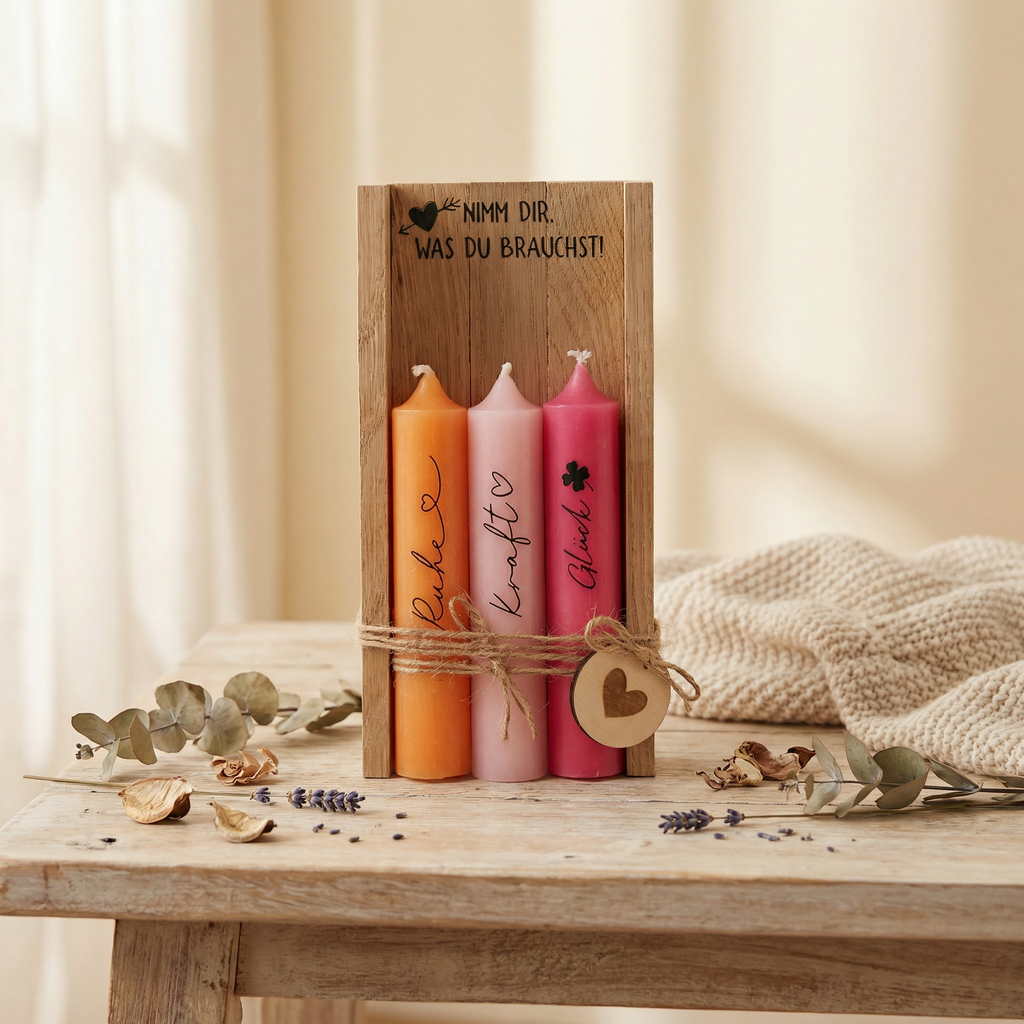 Kerzen-Set „Nimm dir, was du brauchst“ – Dekorahmen mit drei Wunschkerzen