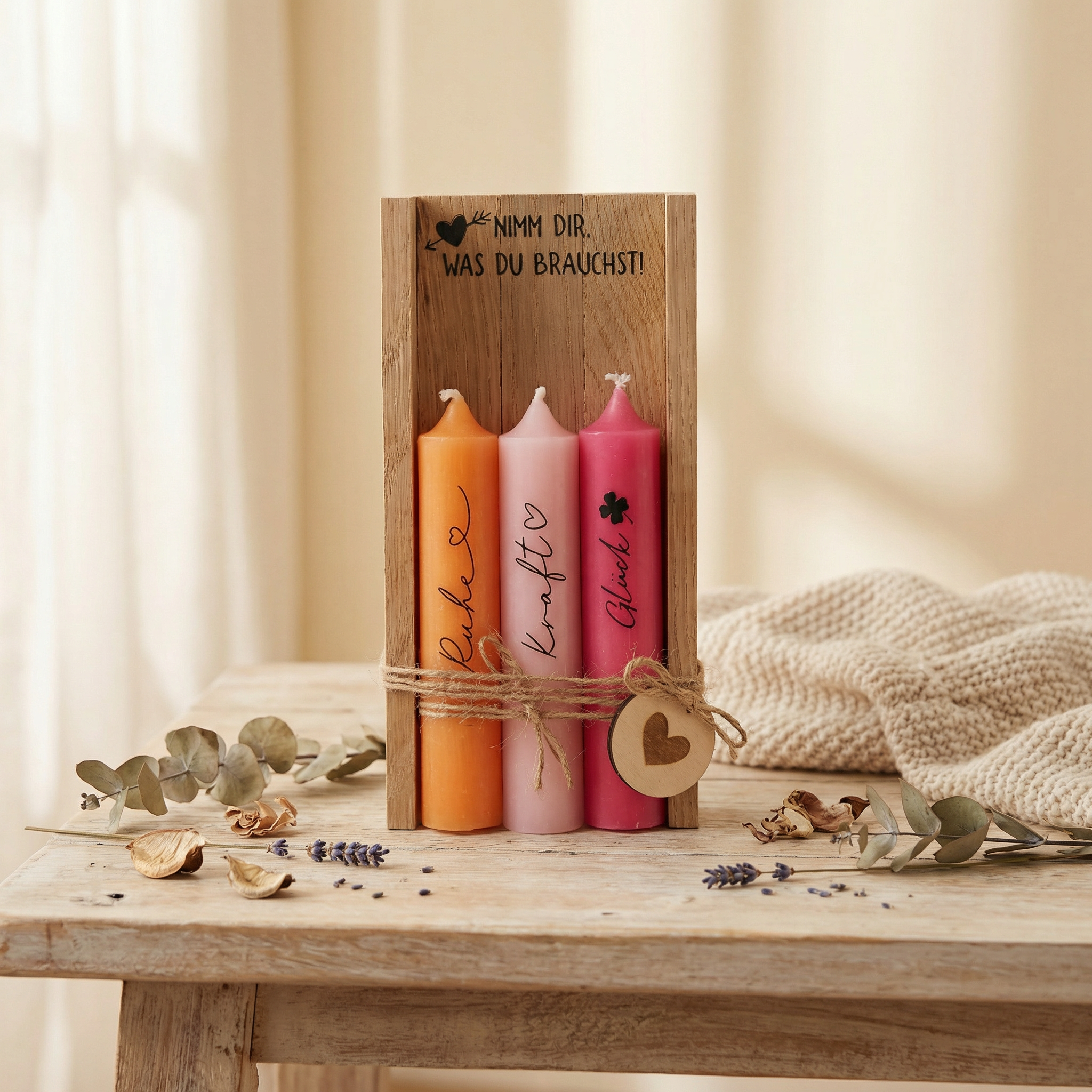 Kerzen-Set „Nimm dir, was du brauchst“ – Dekorahmen mit drei Wunschkerzen