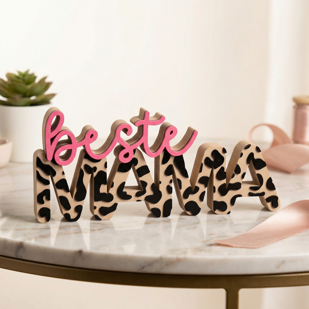 Dekoschriftzug „beste Mama“ im Leo-Design mit 3D-Effekt
