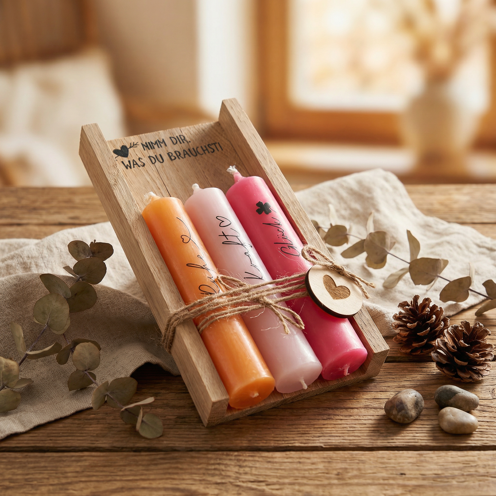 Kerzen-Set „Nimm dir, was du brauchst“ – Dekorahmen mit drei Wunschkerzen