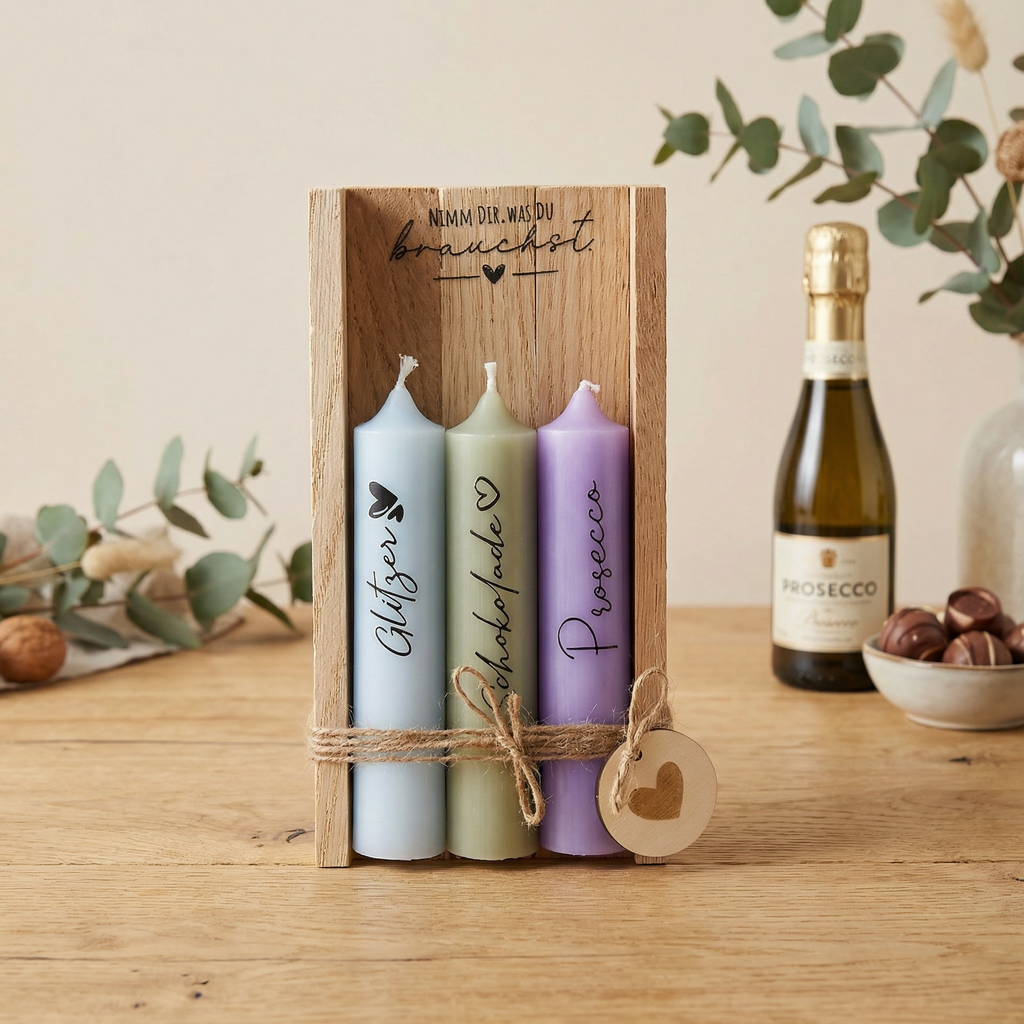 Kerzen-Set „Nimm dir, was du brauchst“ – Glücksbringer, Schokolade & Prosecco