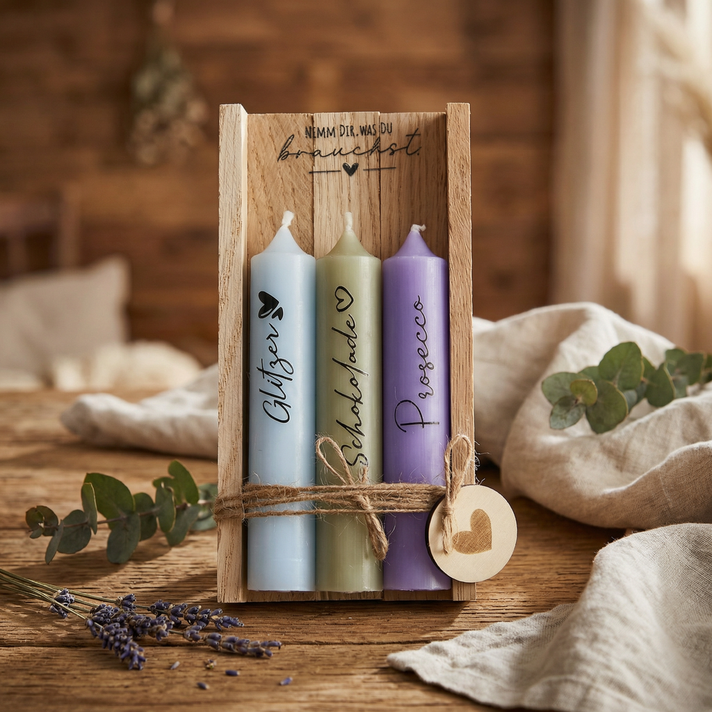 Kerzen-Set „Nimm dir, was du brauchst“ – Glücksbringer, Schokolade & Prosecco