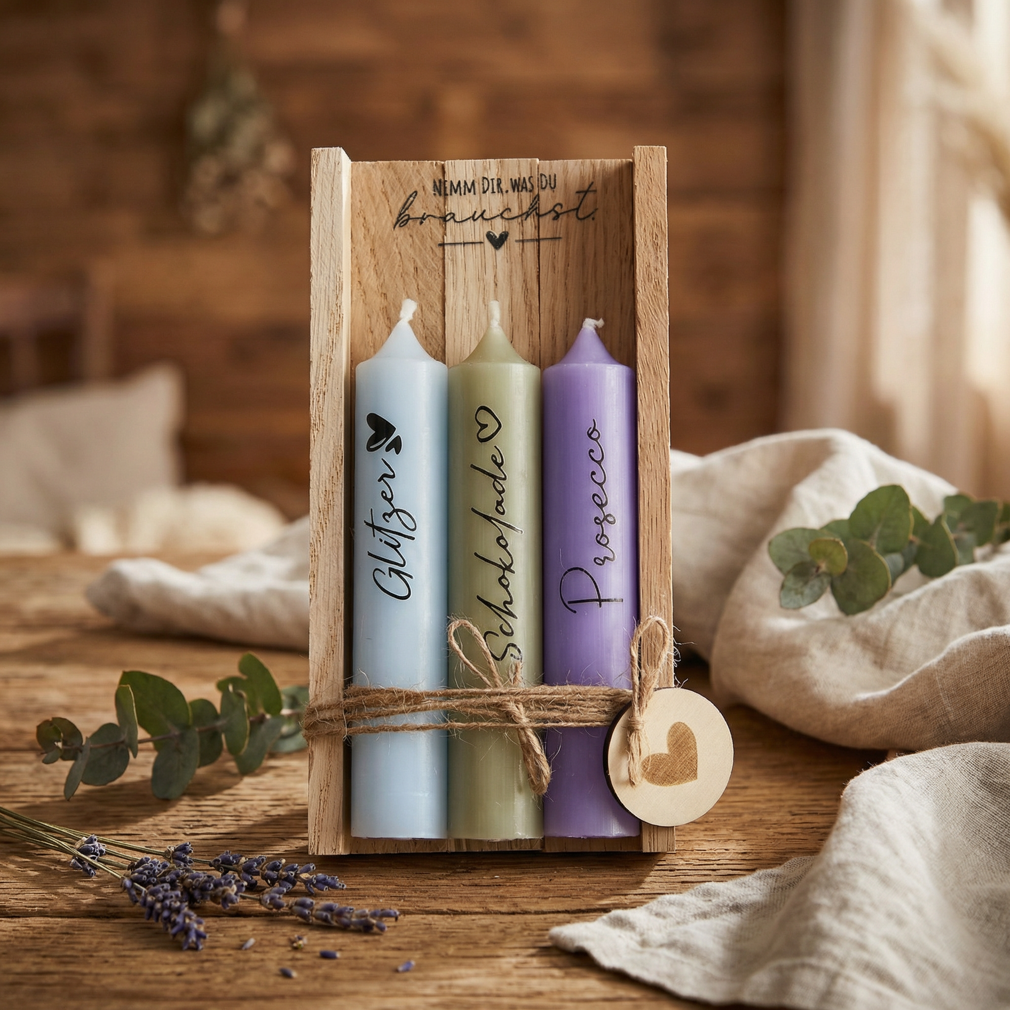 Kerzen-Set „Nimm dir, was du brauchst“ – Glücksbringer, Schokolade & Prosecco