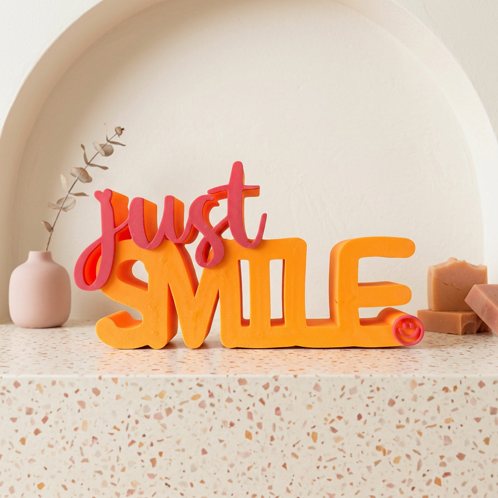 Just Smile Schriftzug – Moderner Dekoaufsteller mit positiver Botschaft