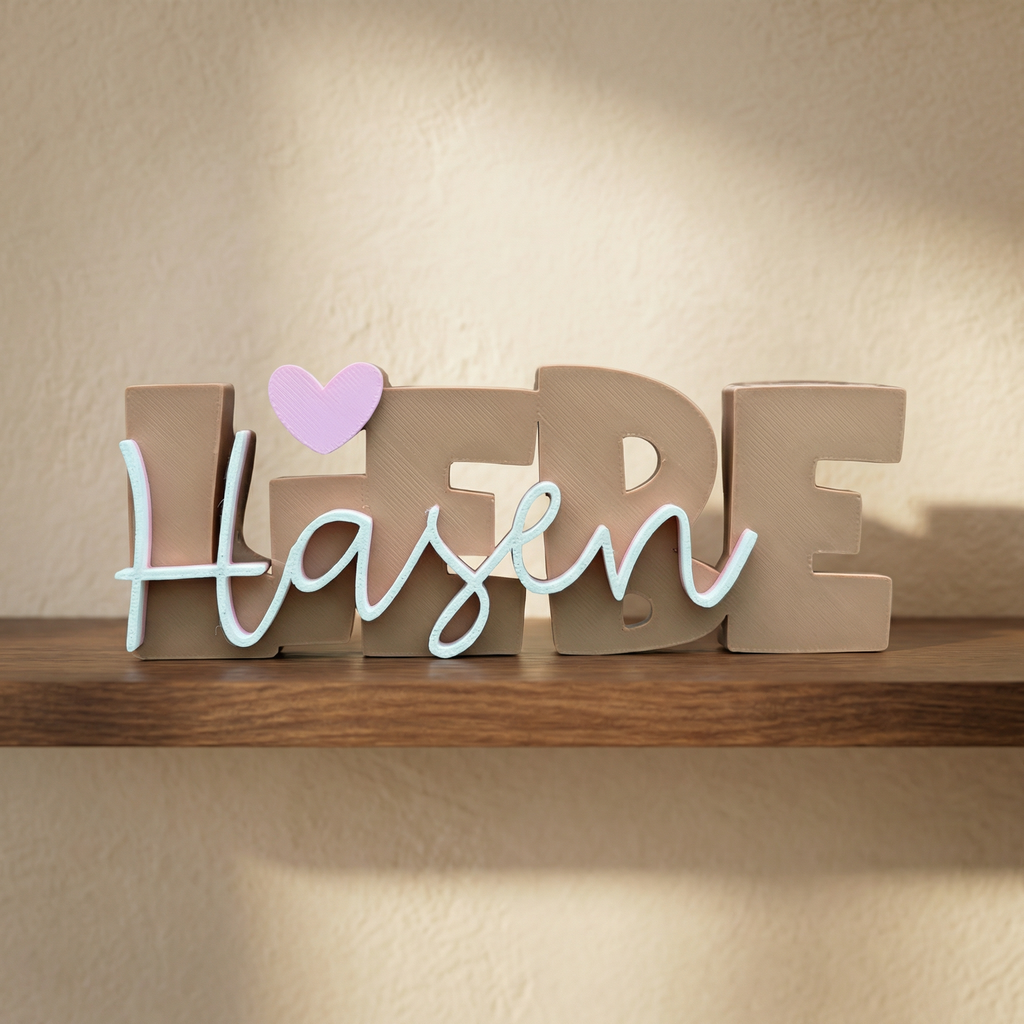 Deko-Schriftzug „Hasen Liebe“ – moderner 3D Aufsteller mit Herz