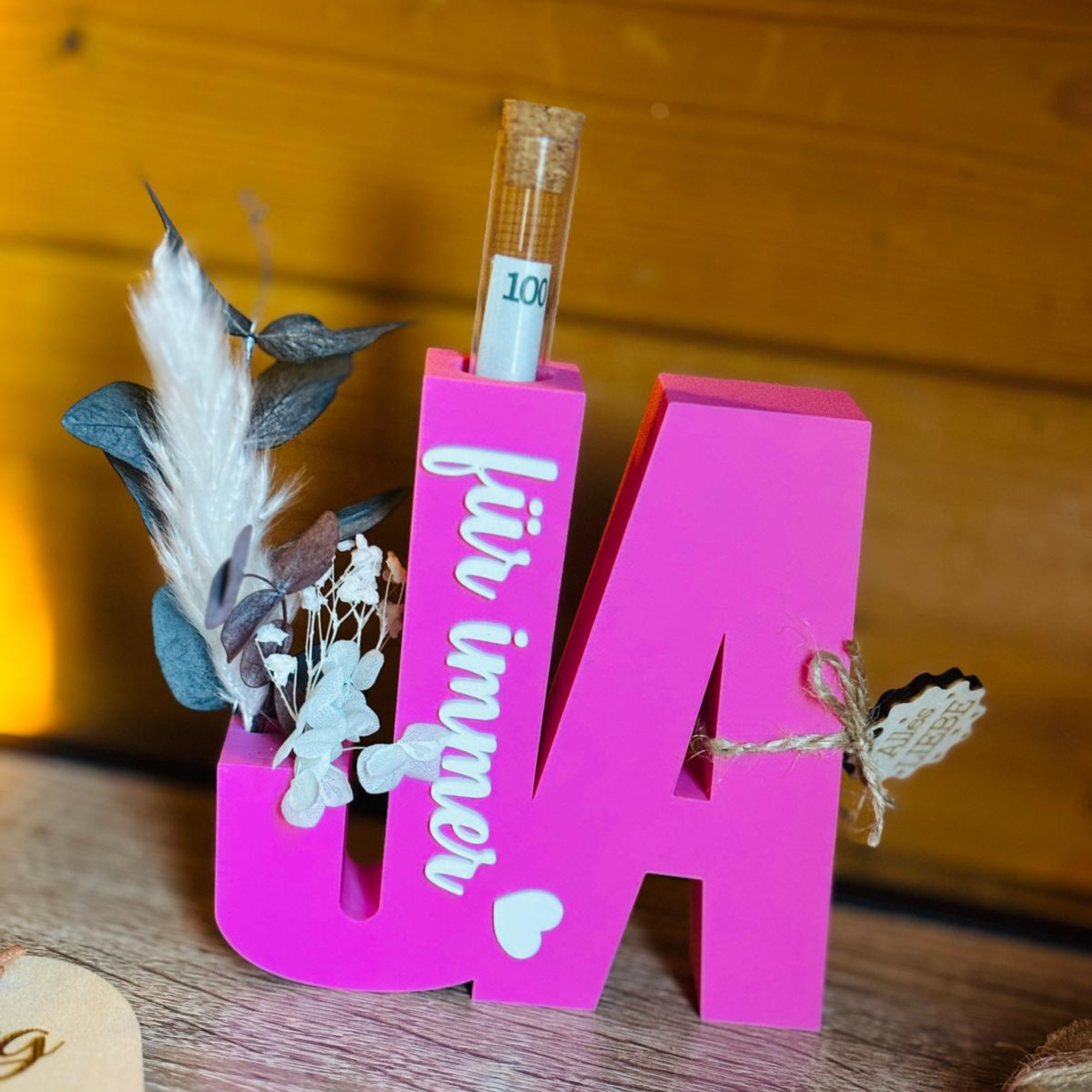 Dekobuchstabe „JA – für immer“ mit Geldröhrchen