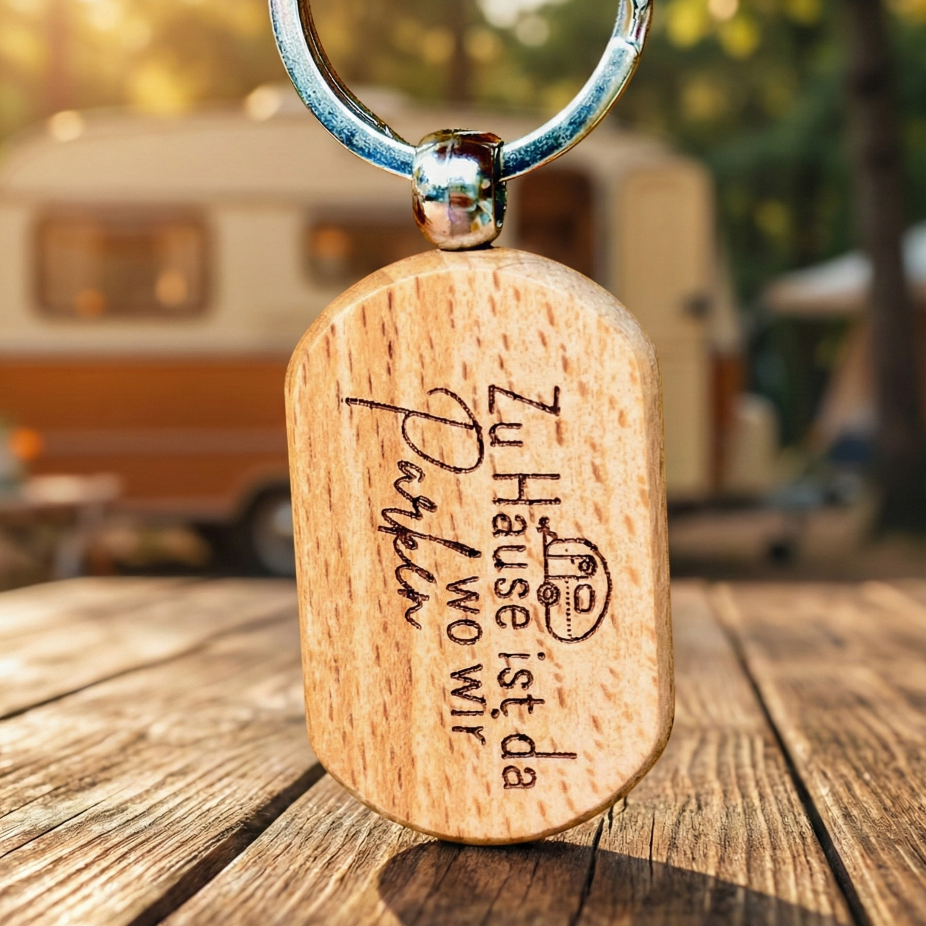 Holz-Schlüsselanhänger – „Zuhause ist da, wo wir parken“