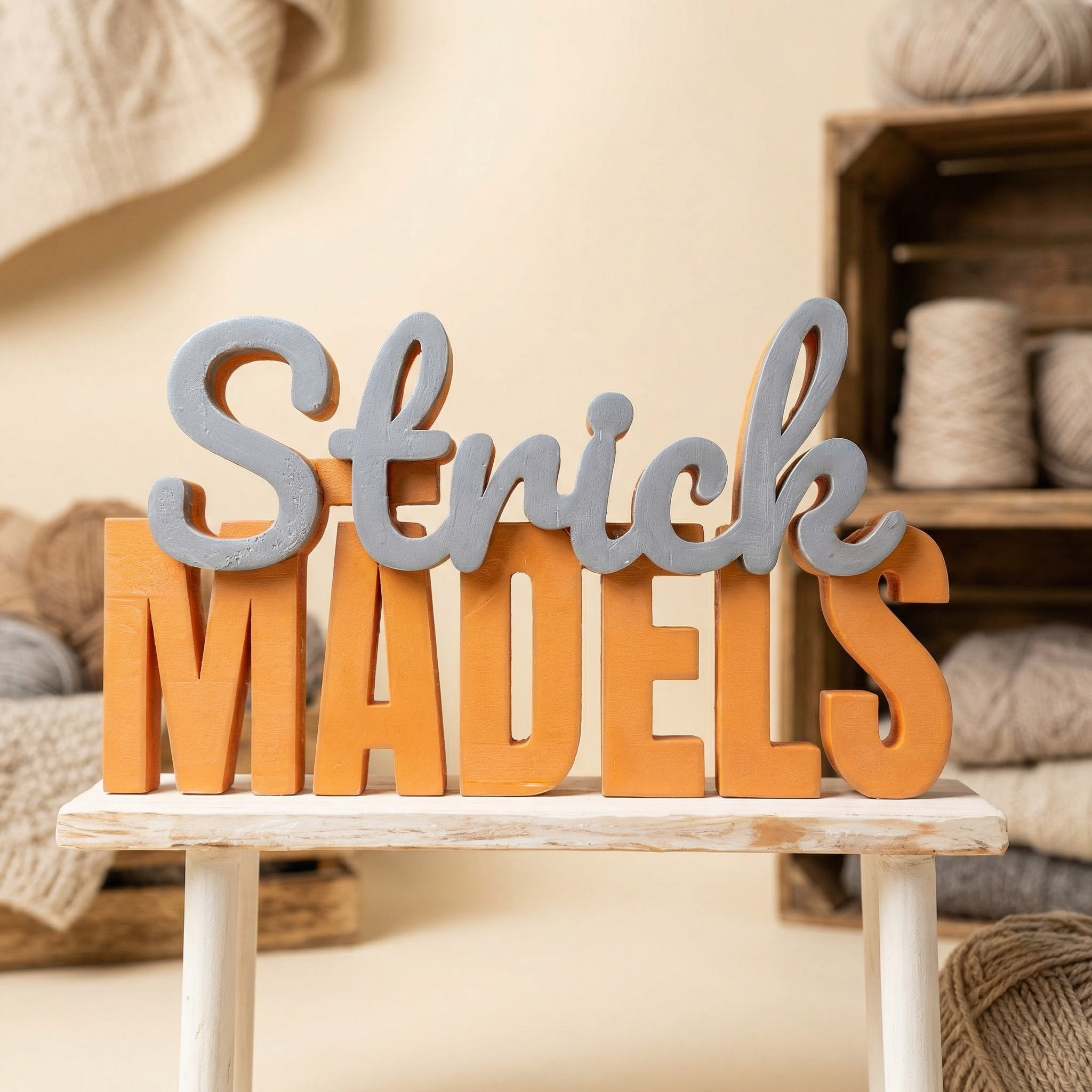 Deko Schriftzug „Strick Mädels“ – liebevolle Handmade-Dekoration für kreative Wollfans
