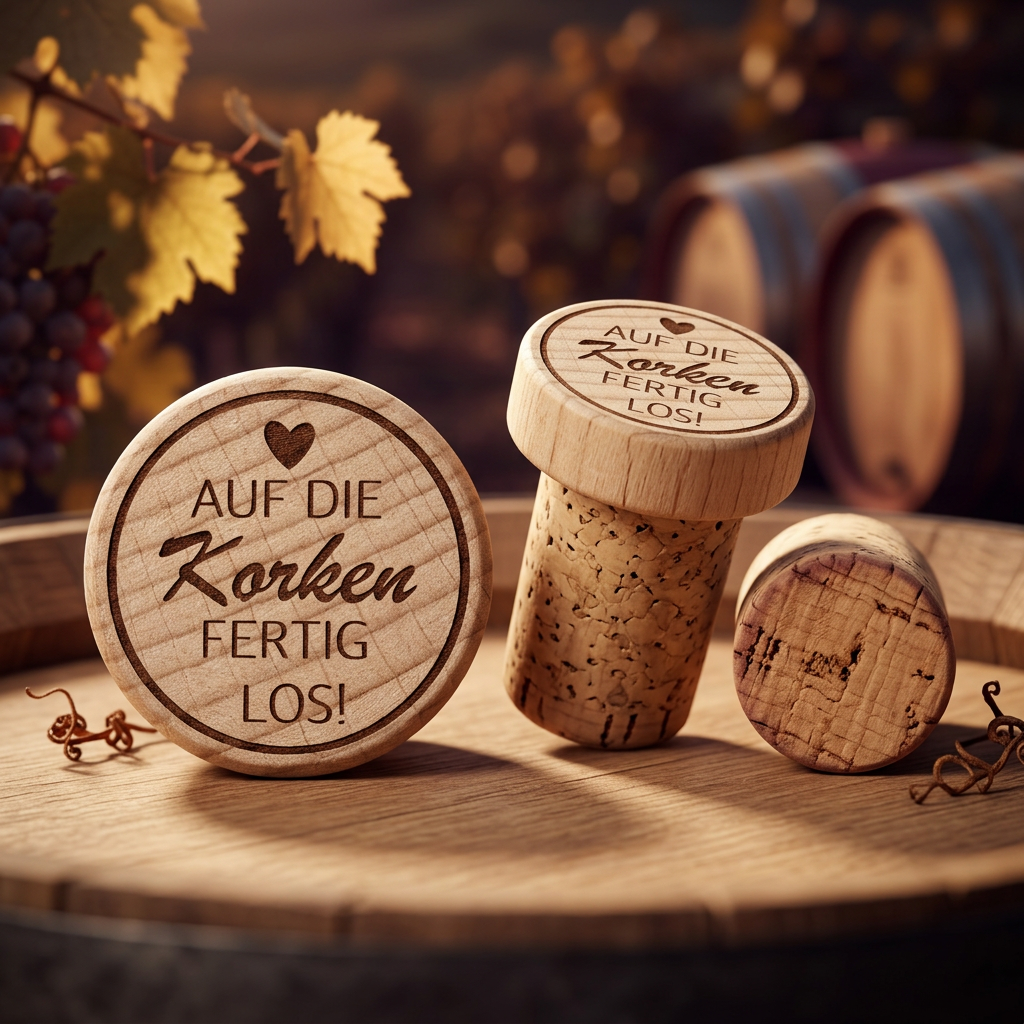 Flaschenkorken „Auf die Korken, fertig, los!“ – graviert aus Holz & Naturkork 🍷