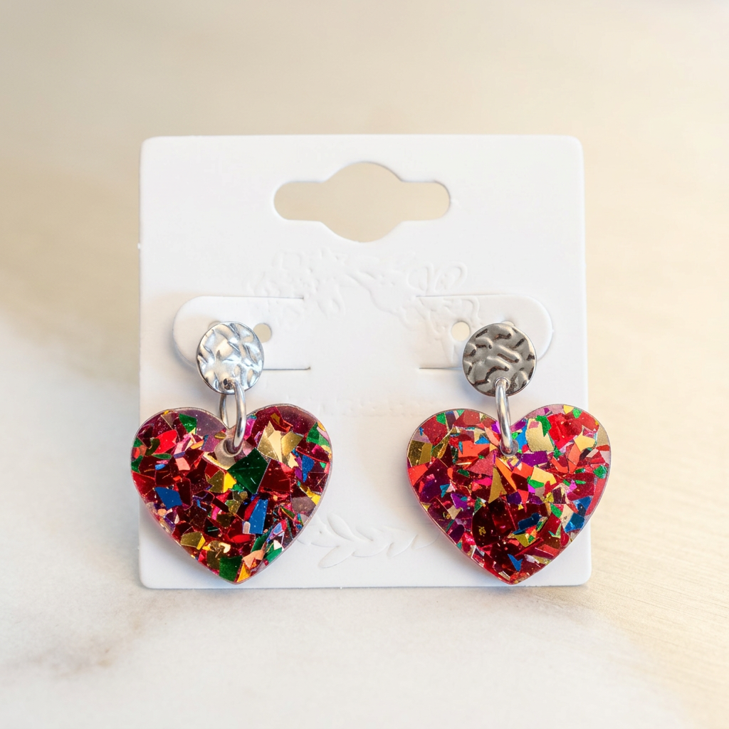 Herz Ohrringe mit Konfetti-Design – bunte Statement Accessoires